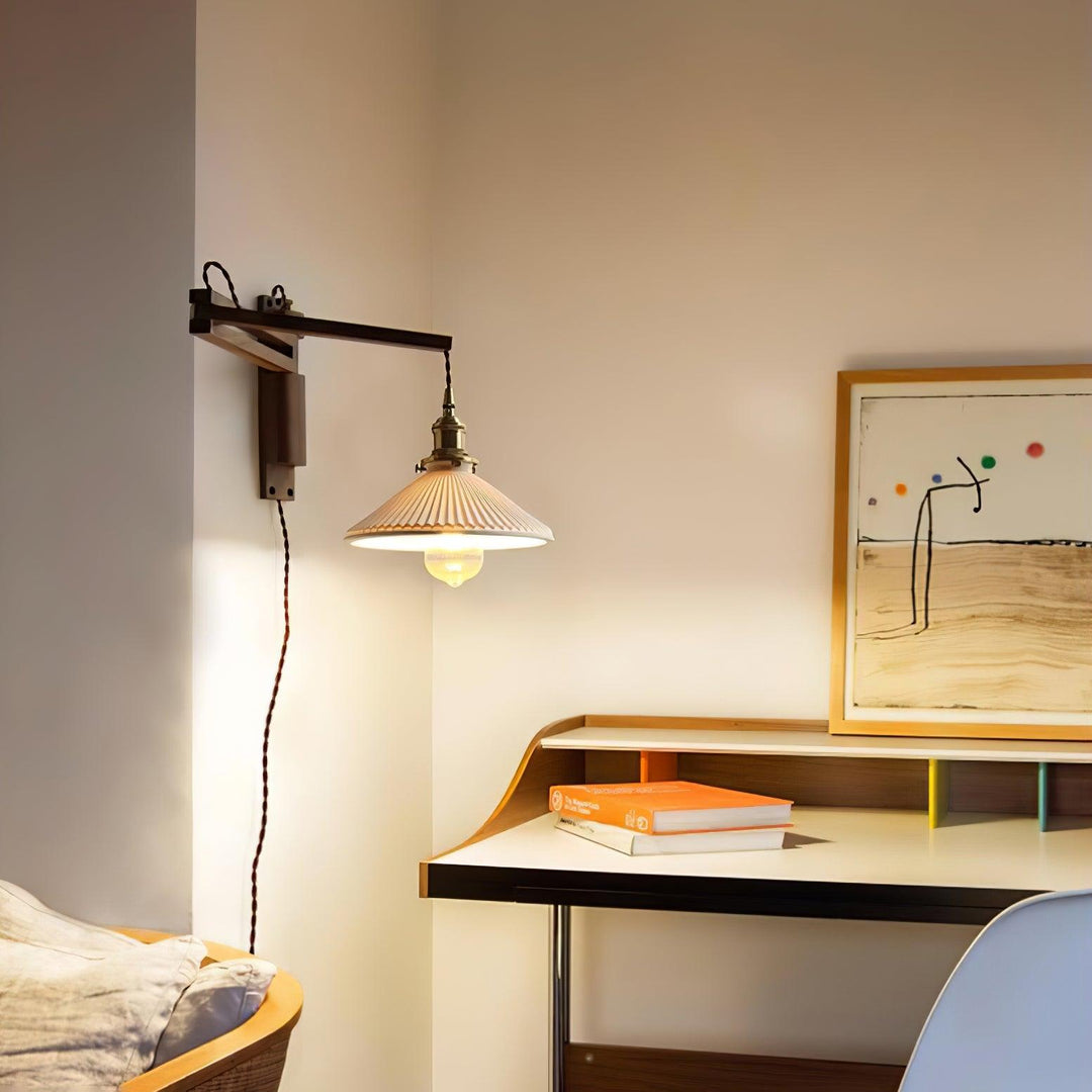 Illaee Nordic Art Swing Arm Walnut Ceramic Wall Light - Neutralighting