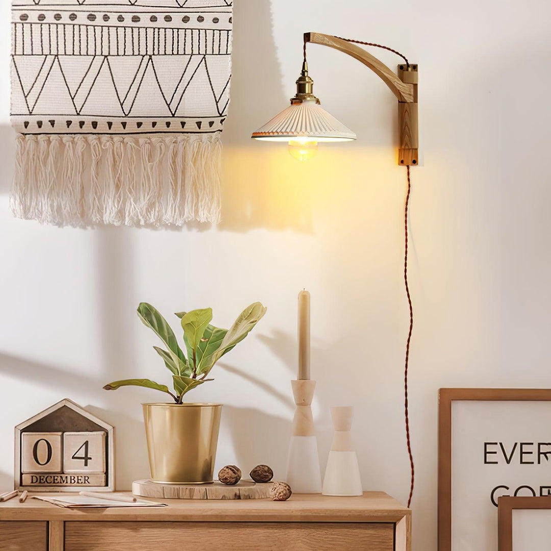 Orphaarae Nordic Art Swing Arm Walnut Ceramic Wall Lamp - Neutralighting