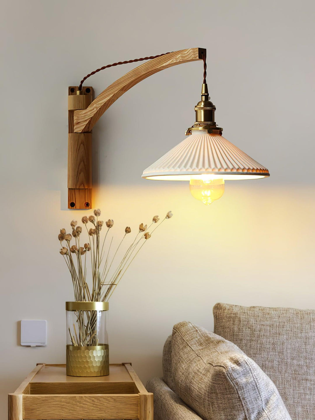 Illaee Nordic Art Swing Arm Walnut Ceramic Wall Light - Neutralighting