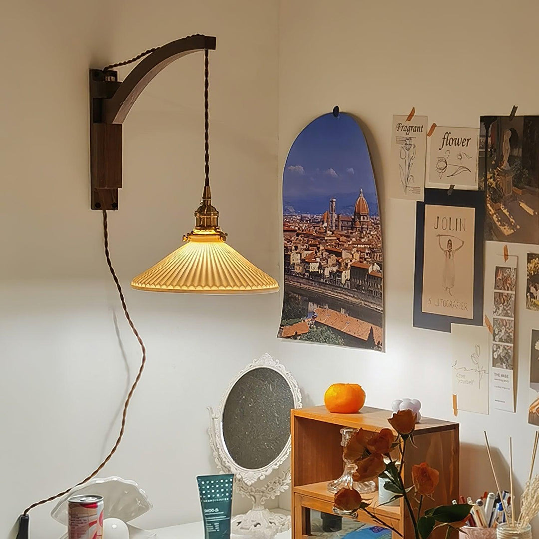 Orphaarae Nordic Art Swing Arm Walnut Ceramic Wall Lamp - Neutralighting