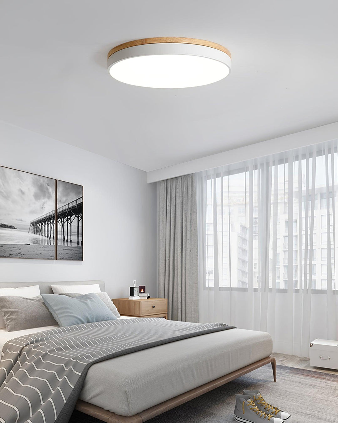 Solara Plafonnier Blanc Ronde avec Bois - Neutralighting