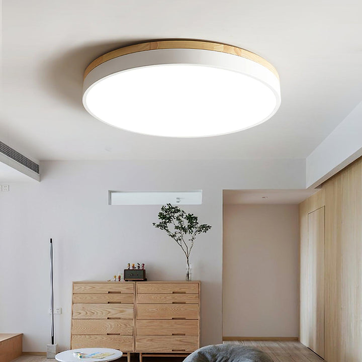 Solara Plafonnier Blanc Ronde avec Bois - Neutralighting